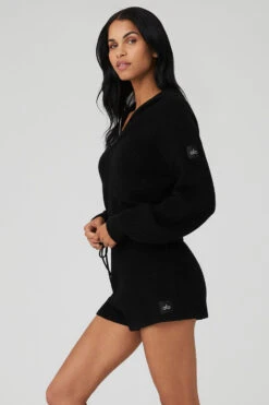 Cashmere Plush Waffle Full Zip Hoodie - Black -ALO ACTIVEWEAR SALE W3741R 01 b1 s1 a3 1 m18