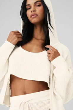 Cashmere Plush Waffle Full Zip Hoodie - Ivory 9 Cashmere Plush Waffle Full Zip Hoodie - Ivory -ALO ACTIVEWEAR SALE W3741R 03299 b1 s1 a4 1 m18