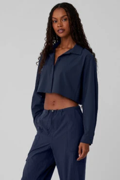 Cropped Take Me Out Button Up - Navy -ALO ACTIVEWEAR SALE W3747R 03842 b1 s1 a2 1 m76