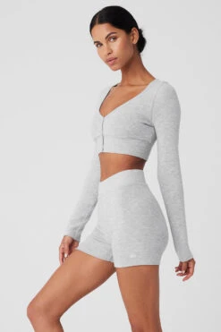 Alolux Cropped Me Time Cardigan - Athletic Heather Grey -ALO ACTIVEWEAR SALE W3775R 02910 b1 s1 a2 1 m18