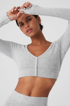 Alolux Cropped Me Time Cardigan - Athletic Heather Grey -ALO ACTIVEWEAR SALE W3775R 02910 b1 s1 a4 1 m18