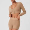 Alolux Cropped Me Time Cardigan - Toasted Almond -ALO ACTIVEWEAR SALE W3775R 05131 b1 s1 a1 1 m18