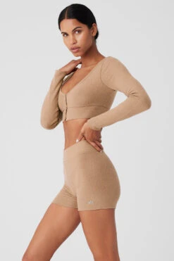 Alolux Cropped Me Time Cardigan - Toasted Almond -ALO ACTIVEWEAR SALE W3775R 05131 b1 s1 a2 1 m18
