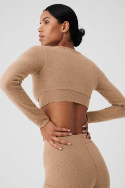Alolux Cropped Me Time Cardigan - Toasted Almond -ALO ACTIVEWEAR SALE W3775R 05131 b1 s1 a4 1 m18