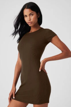 Goddess Ribbed Short Sleeve Dress - Espresso -ALO ACTIVEWEAR SALE W8201R 04640 b1 s1 a4 1 m18