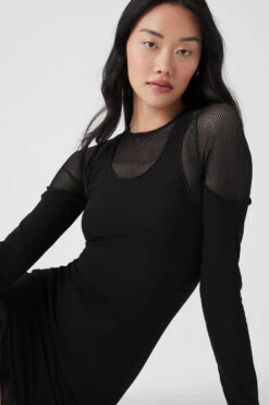 Striped Mesh Synergy Long Sleeve Dress - Black -ALO ACTIVEWEAR SALE W8234R 01 b1 s1 a5 1 m54
